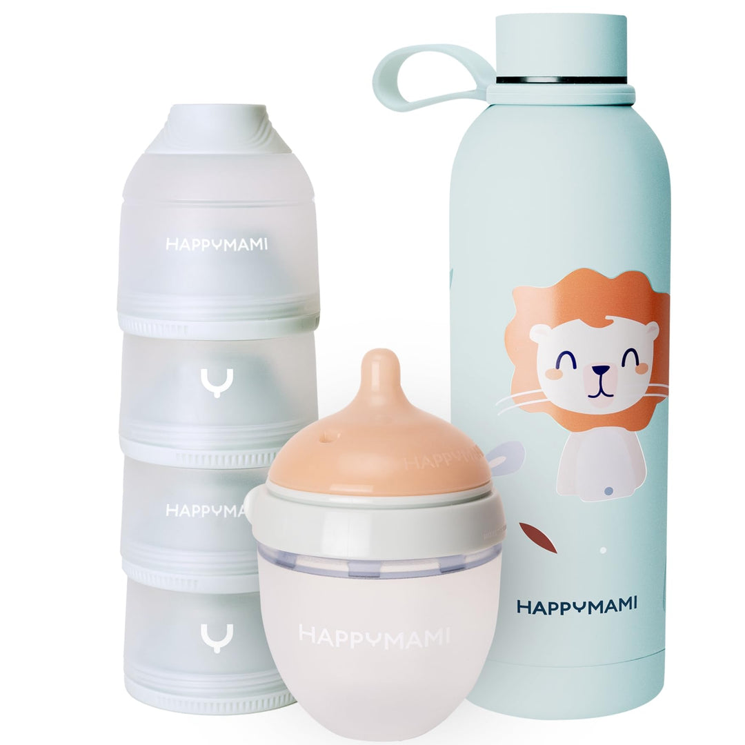 Set aus personalisierbarer Babyflasche in Brustform + Baby-Thermosflasche für Flüssigkeiten + Milchp