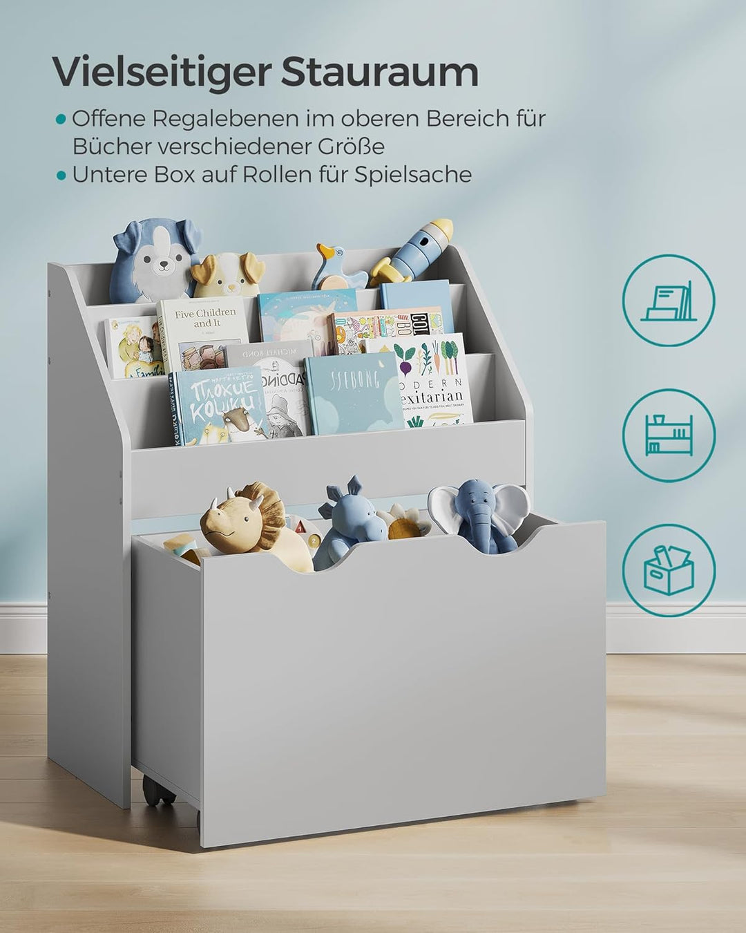 SONGMICS Bücherregal Kinder, Kinderregal, Spielzeugregal, mit 3 Regalebenen, Aufbewahrungsbox auf Ro
