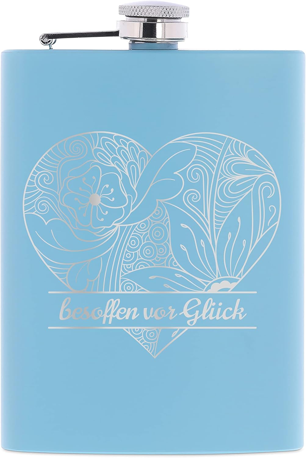 Edelstahl Flachmann Blau mit personalisierter Gravur – Motiv Herz – Geschenkverpackung – Taschenflas
