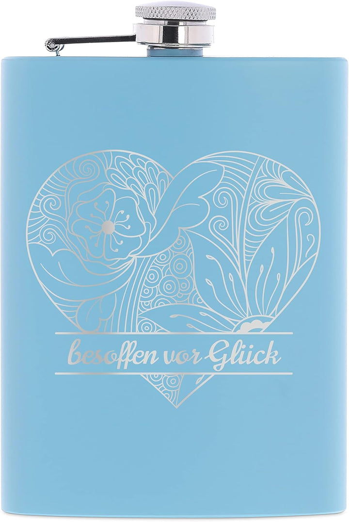 Edelstahl Flachmann Blau mit personalisierter Gravur – Motiv Herz – Geschenkverpackung – Taschenflas