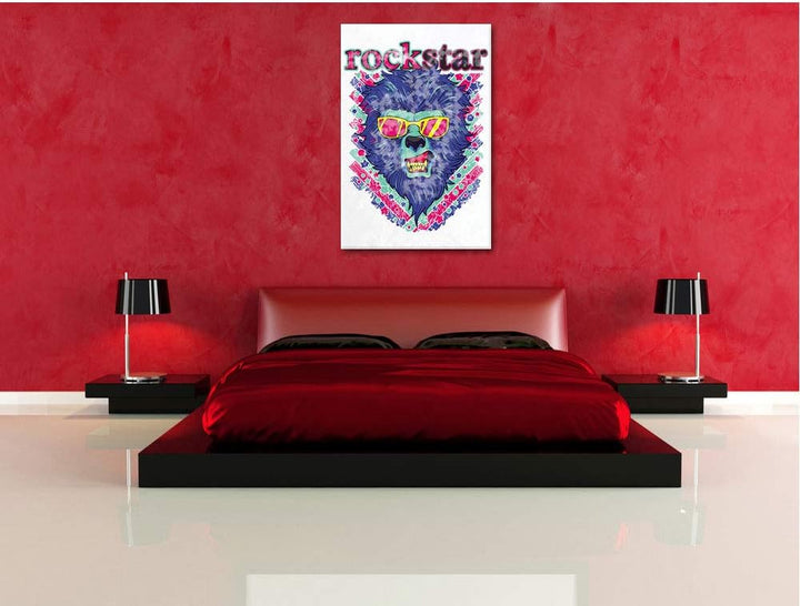 Rockstar-lion white Leinwandbild Bild auf Leinwand, XXL riesige Bilder fertig gerahmt mit Keilrahmen