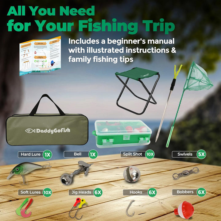 DaddyGoFish Kinder Angelset - Teleskoprute &amp; Rolle Combo mit Klappstuhl, Rutenhalter, Tackle Box, Kö
