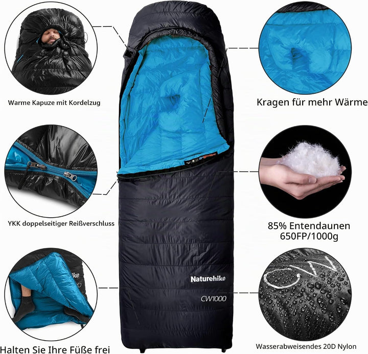 Naturehike CW-Serie RDS Daunenschlafsack,Ultraleichte Tragbare Kompackte Daunen Schlafsack 4 Jahresz