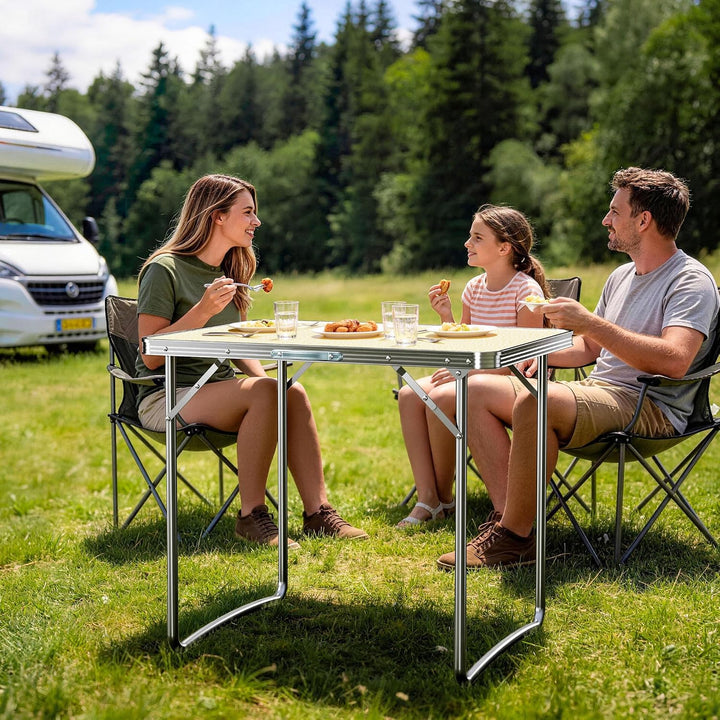 Wiltec Campingtisch klappbar 80x60cm mit weisser Tischplatte aus MDF und Aluminium Rahmen Klapptisch