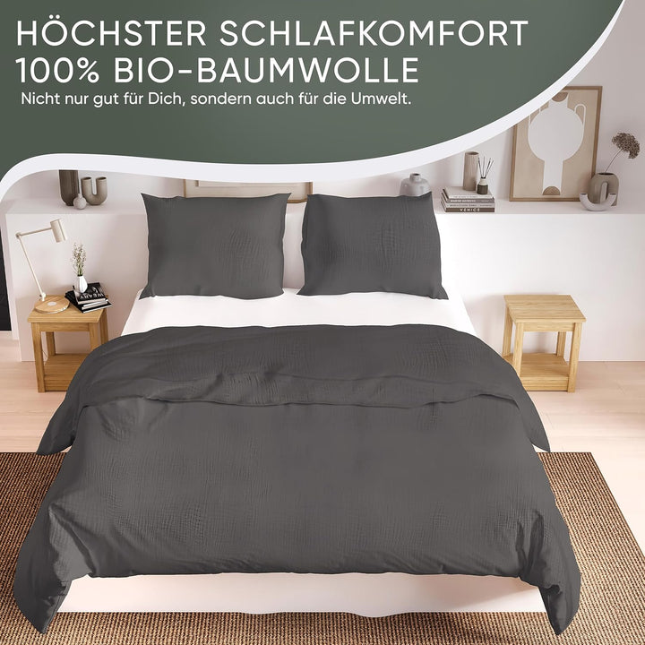 jilda-tex Bio-Bettwäsche Musselin Medina 100% Bio-Baumwolle Knitterlook Bügelfrei Uni Made in Green