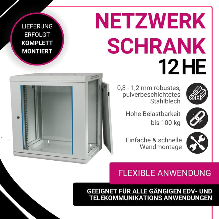 Koscom Connect Netzwerkschrank 12 HE I Serverschrank 19 Zoll I Wandmontage 600 x 450 x 636 mm I voll