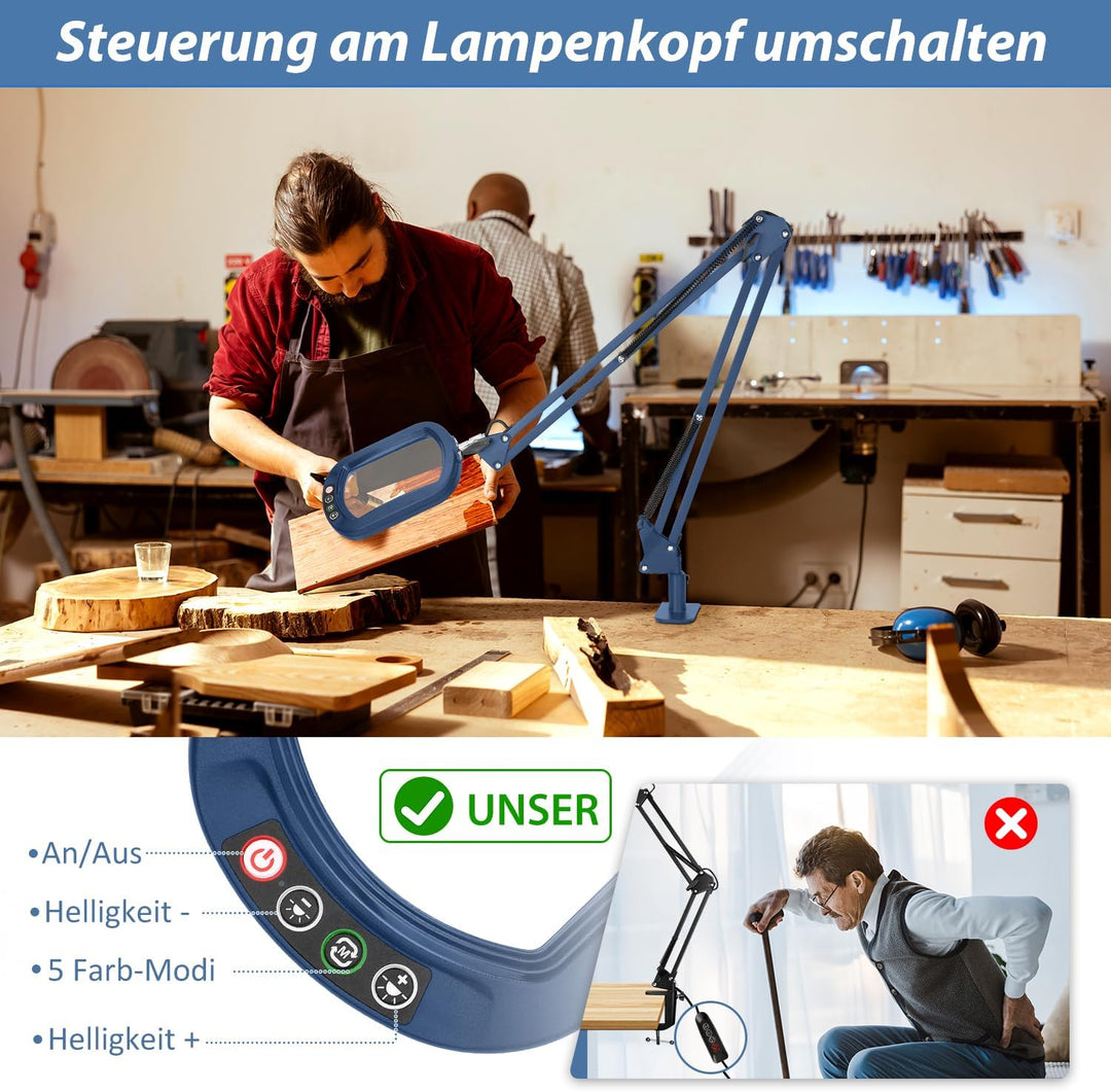 Veemagni 10X Echtes Glas Rechteckige Lupe mit Licht und Klemme, Leselupe 5 Farbmodi Stufenlos Dimmen