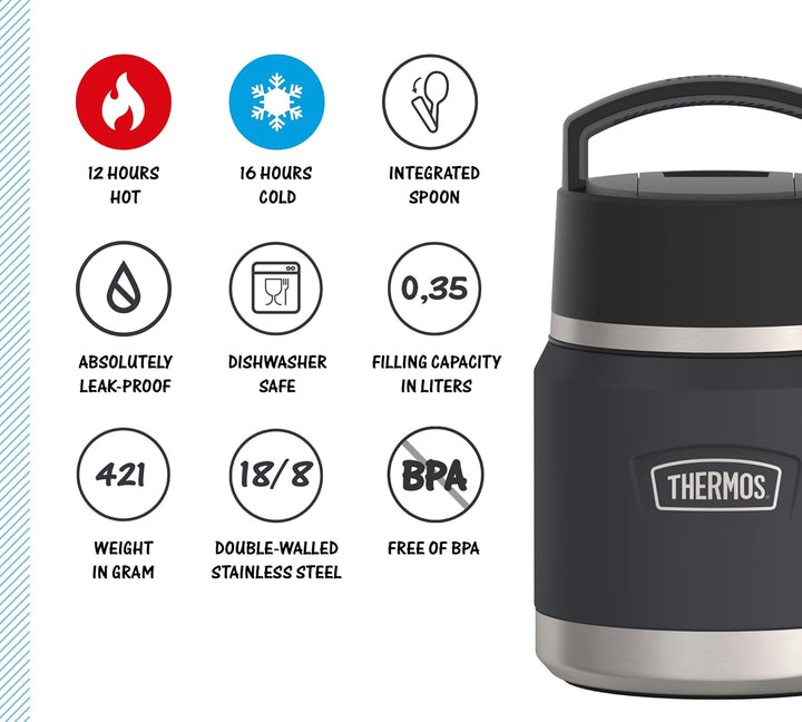 Thermos ICON Kids Thermobehälter für Essen 0,35l, dunkelgrau, graphite, Edelstahl, absolut dicht, hä