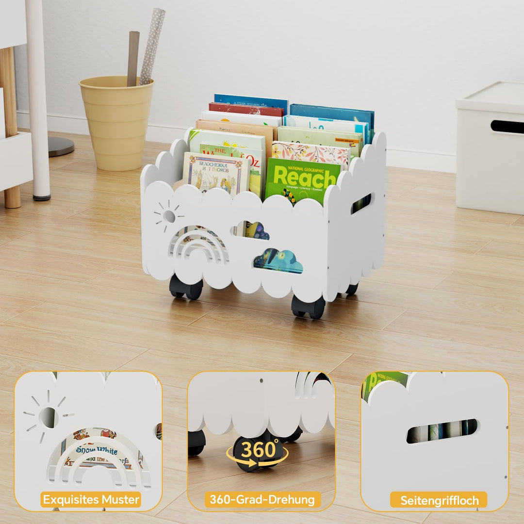 Kinder Bücherregal Holz mit Rollen, Montessori Bücherregal Kinder, Bücherkiste für Leseecke, Babyzim