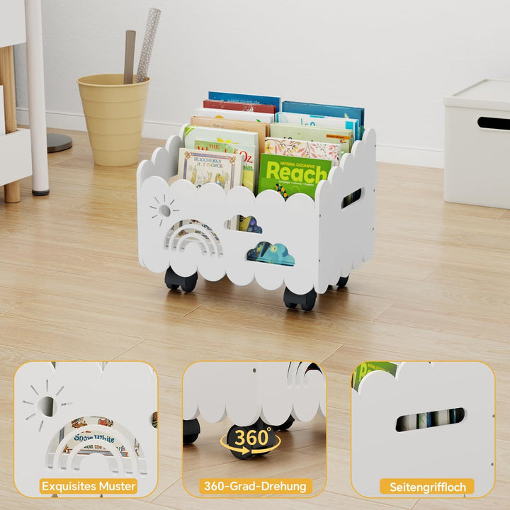 Kinder Bücherregal Holz mit Rollen, Montessori Bücherregal Kinder, Bücherkiste für Leseecke, Babyzim