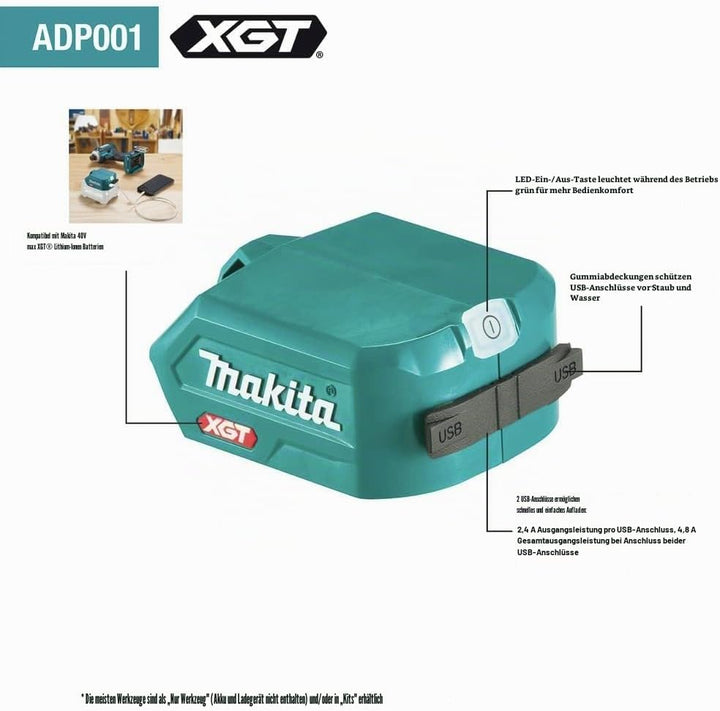 Makita DEAADP001G USB-Ladegerät mit Zwei Anschlüssen für XGT ADP001G
