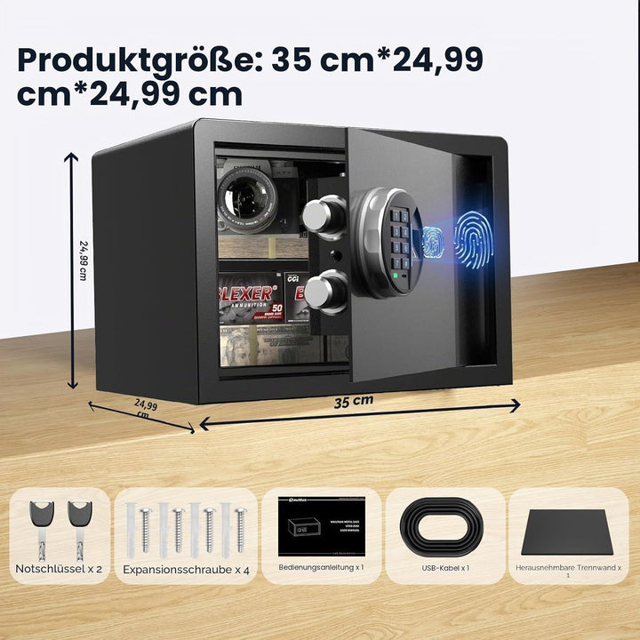 Grimtron Biometrischer Fingerabdruck-Tresor – 22L Sicherheitsbox mit LED-Beleuchtung, leisem Modus,
