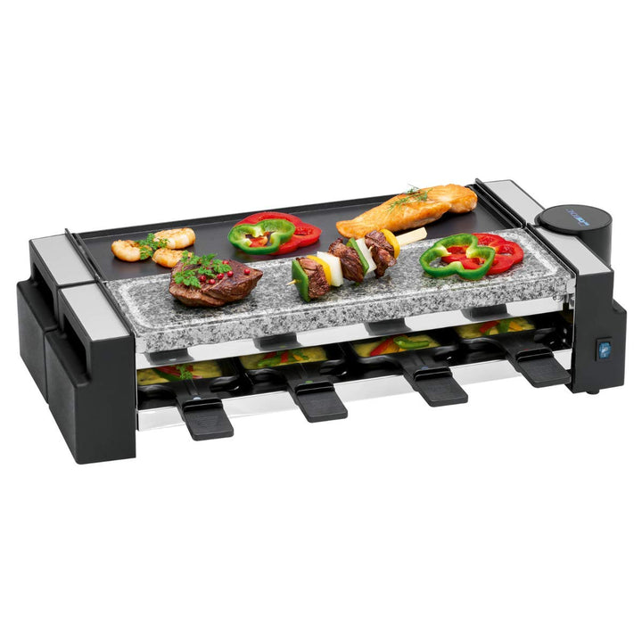 Clatronic RG 3678, 2in1 Raclette-Grill, Naturgrillstein &amp; Wendegussplatte, 180°-Drehgelenk, 8 Pfännc