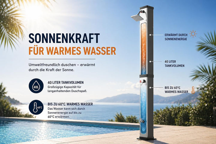 Strattore Solardusche Gartendusche 40 Liter - Warmes Wasser max. 60°C - Ohne Stromanschluss - Mit Fu