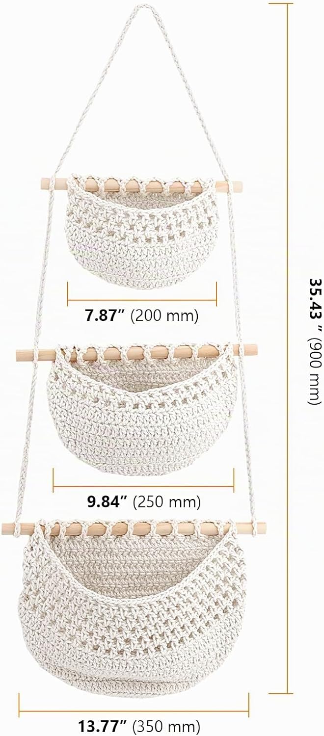 CHUEHKAK Hängende Obstkörbe (3er Set) - Boho gewebte Aufbewahrungstaschen für Küchenwand und Badezim