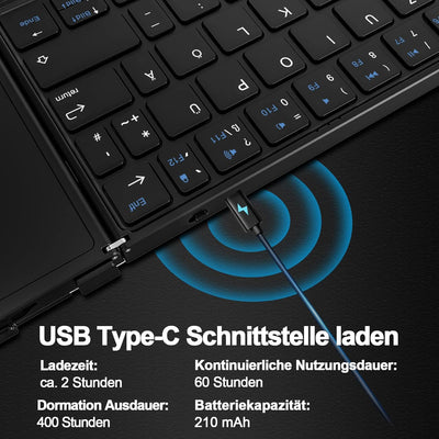 Bluetooth-Tastatur, faltbar, mit Touchpad, kabellose Falttastatur (Bluetooth-Verbindung + USB-Kabelv