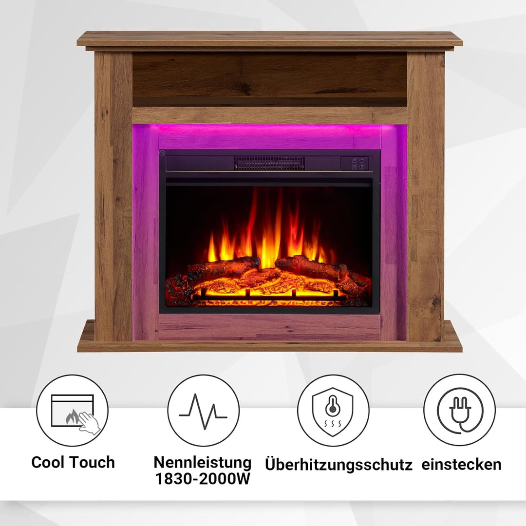 Elektrokamin BALDERIA Liora - Elektrischer Standkamin mit Ablagefach, 3D-Flammeneffekt, LED-Ambiente
