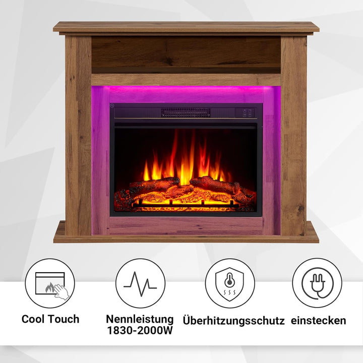 Elektrokamin BALDERIA Liora - Elektrischer Standkamin mit Ablagefach, 3D-Flammeneffekt, LED-Ambiente