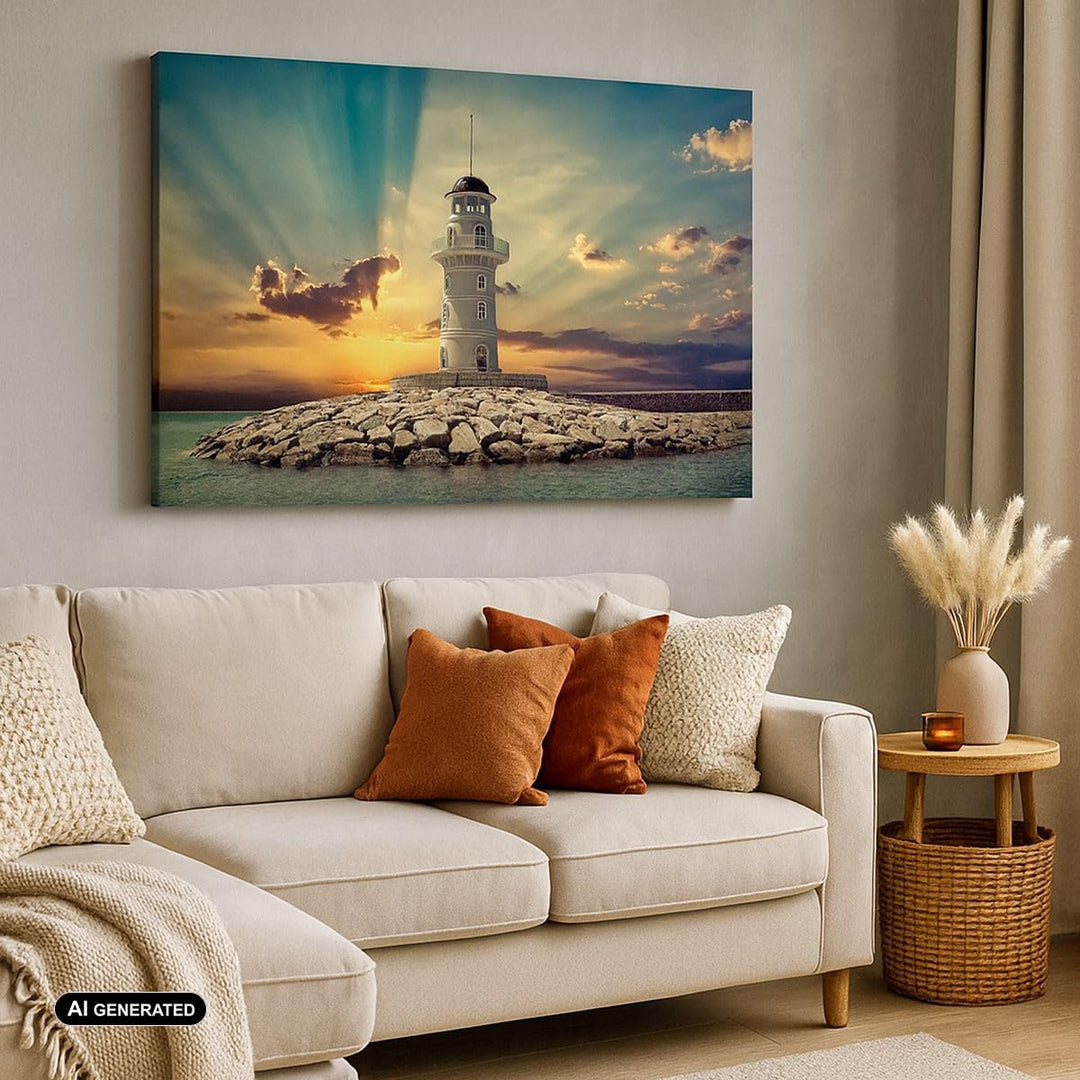 Bilder auf Leinwand 100x70cm Leinwandbild Leuchtturm Wasser Meer Steine Gross Wanddeko Bild Schlafzi