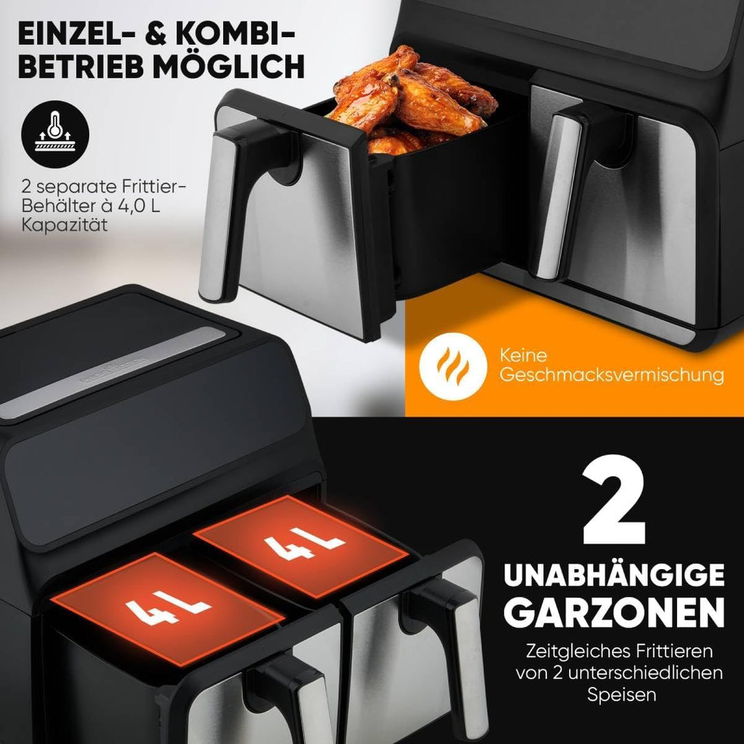 ProfiCook® Heissluftfritteuse 2 Kammern | 8L Heissluftfritteuse Doppelkammer | kein Öl oder Fett | A