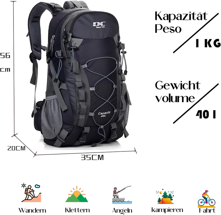 Wanderrucksack 40l Damen Herren Rucksack Wasserdicht Reiserucksack mit Regenschutz Schwarz, Schwarz