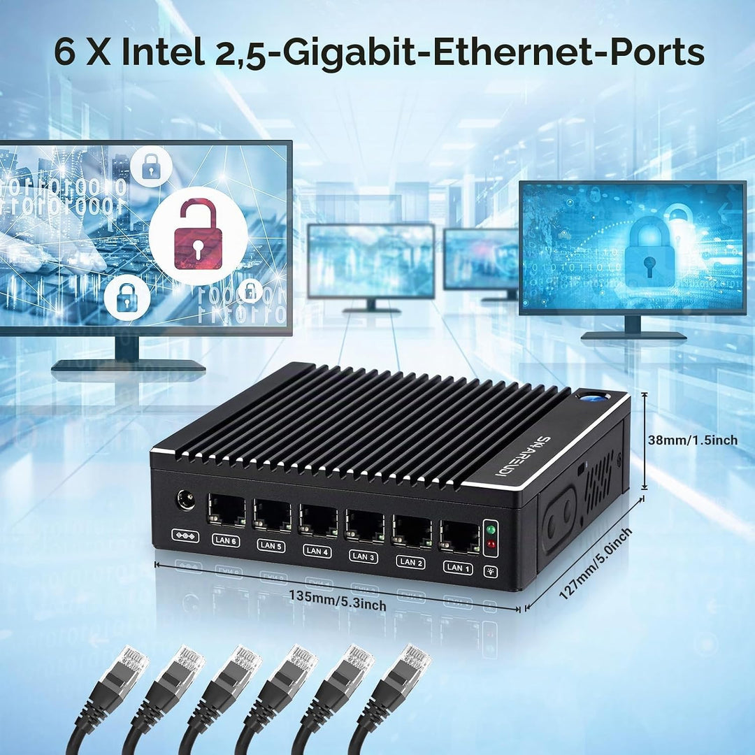 Micro Firewall Appliance, Lüfterloser Mini PC Intel N3700 4Cores/4Threads, 6X Intel 2.5 GbE i226-V L