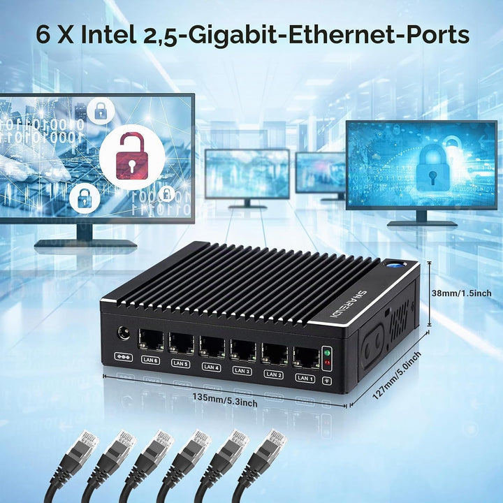 Micro Firewall Appliance, Lüfterloser Mini PC Intel N3700 4Cores/4Threads, 6X Intel 2.5 GbE i226-V L