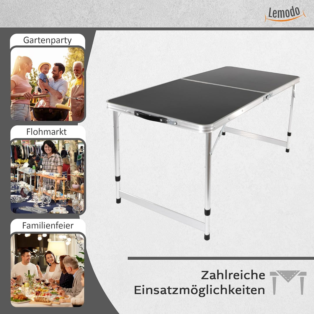 Lemodo Campingtisch schwarz klappbar | Klapptisch 3-Fach höhenverstellbar | Falttisch 120 x 60 cm |
