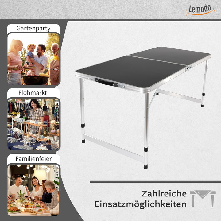Lemodo Campingtisch schwarz klappbar | Klapptisch 3-Fach höhenverstellbar | Falttisch 120 x 60 cm |