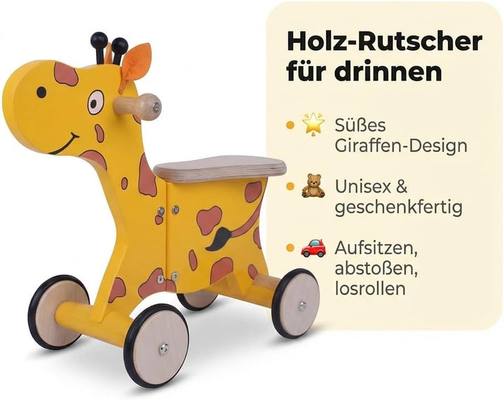 Kinder Rutscher aus Holz Giraffe Happy, Holzrutscher mit 4 Rädern, Handgriffen & Flacher Sitzfläche,