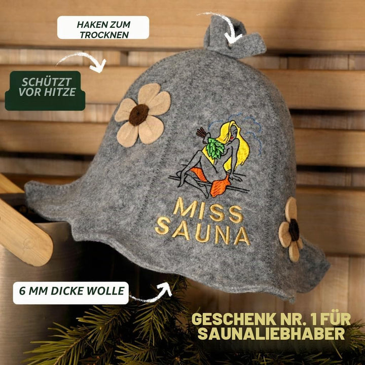Saunahut für Damen und Herren aus Filz - Miss Sauna – Grau Saunahut für Herren und Damen aus 100Proz