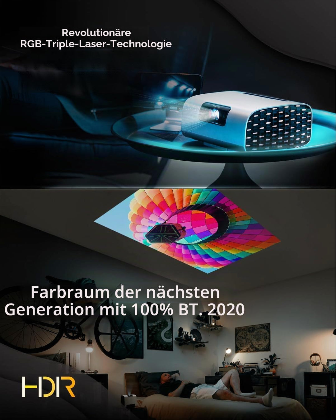 ViewSonic M10 Tragbarer RGB Laser Smart Projektor mit Harman Kardon Lautsprecher, Silber, M10