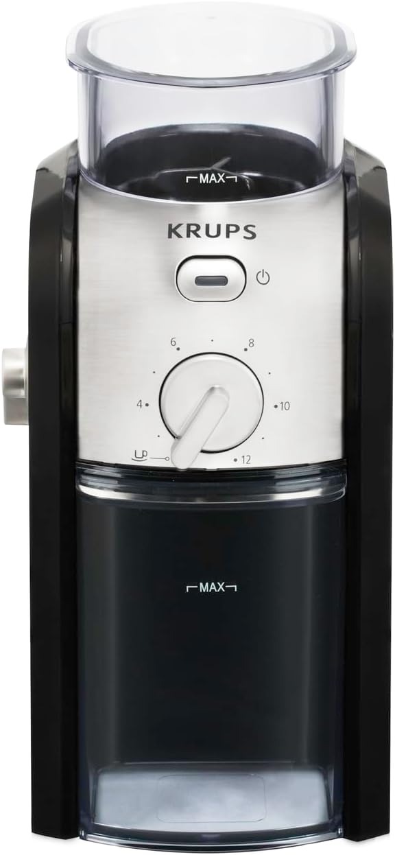 KRUPS GVX212 Kaffeemühle | mit Mahlgrad- Und Tassenzahlauswahl | Scheibenmahlwerk aus Edelstahl | 22