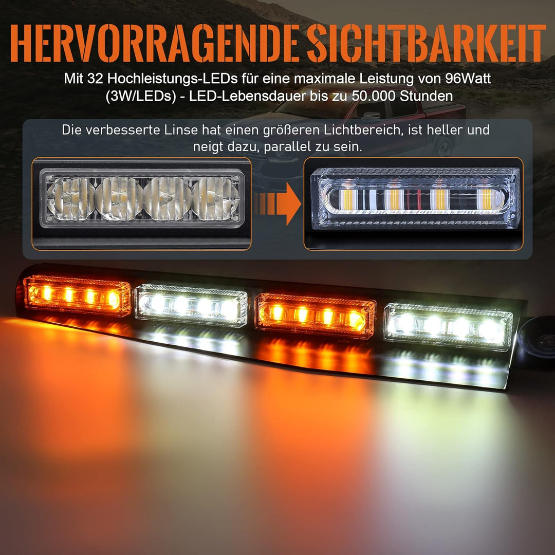 2pcs 16,8-Zoll Blinken LED Warnleuchte Orange + weisses Leuchtfeuer Interior blinkende Lichtleiste V
