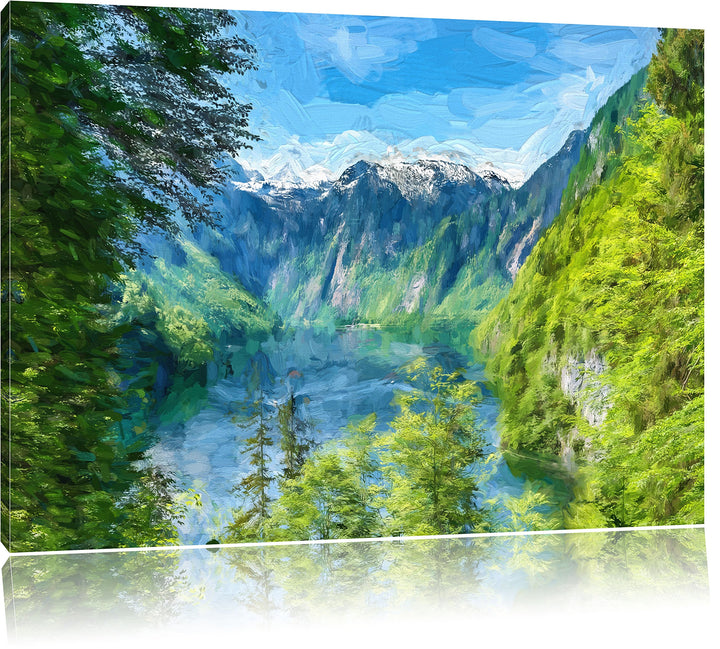 Pixxprint Blick auf den Königssee Kunst als Leinwandbild/Grösse: 100x70 cm/Wandbild/Kunstdruck/ferti