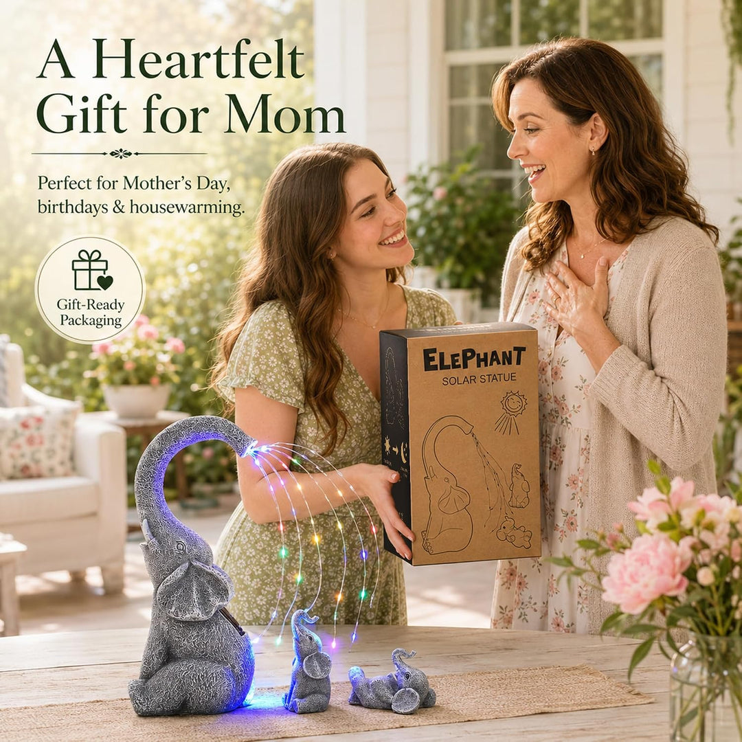 Yeomoo Elefanten Deko Gartenfiguren mit Solar Lichterkette Aussen: Elefant Mutter mit 2 Baby Elefant