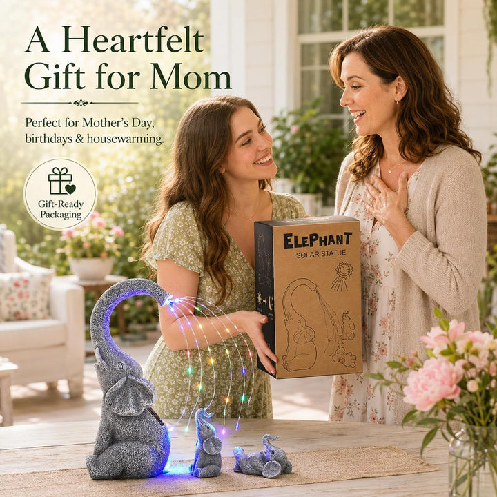 Yeomoo Elefanten Deko Gartenfiguren mit Solar Lichterkette Aussen: Elefant Mutter mit 2 Baby Elefant
