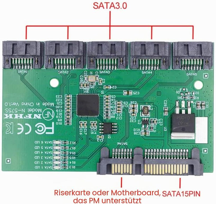 NFHK SATA 3.0 6Gbps 1 bis 5 Splitter Ports HUB Adapter Konverter PM Multiplier Port Selector JMB575