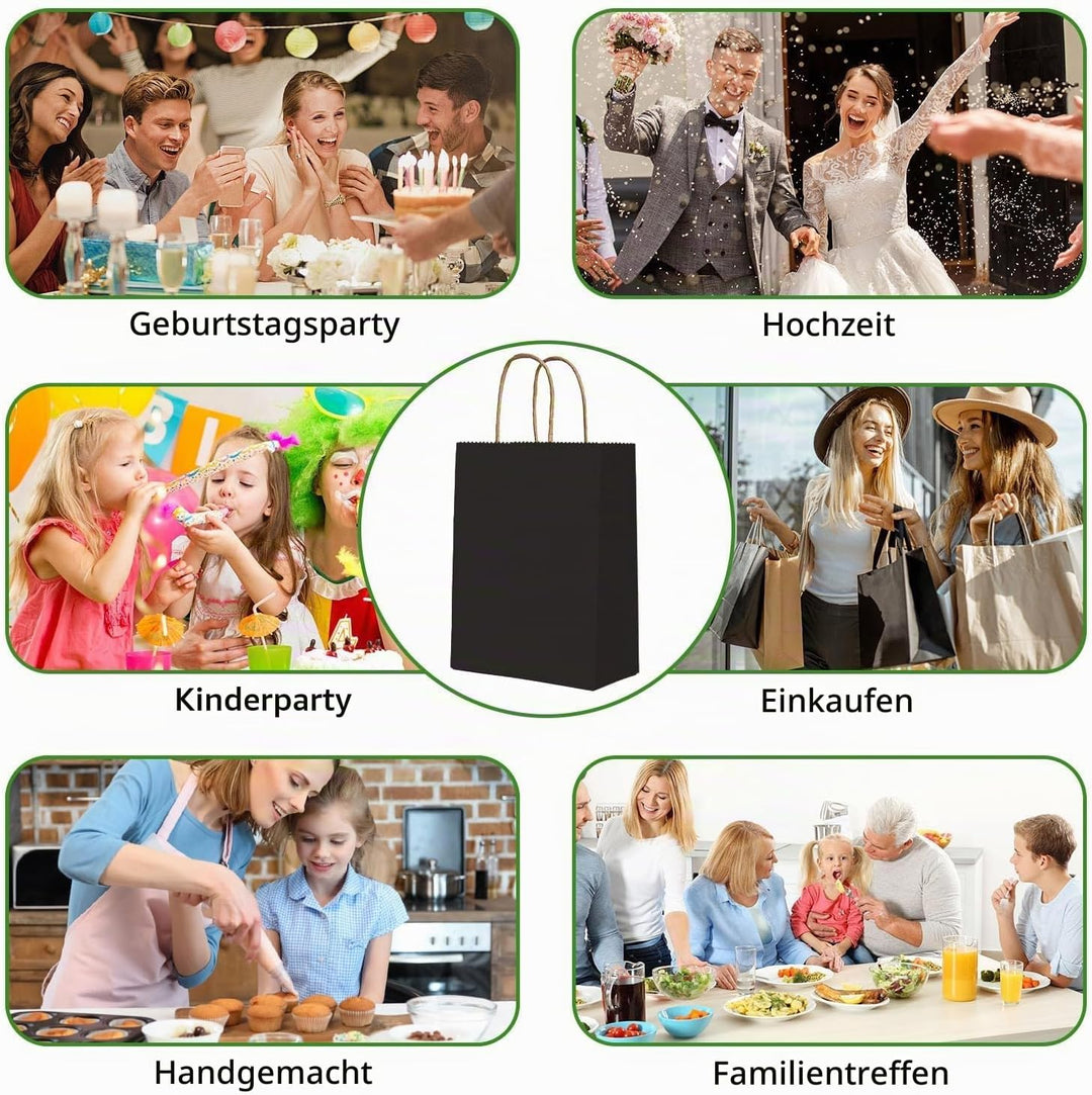 Gucass 50 Stück Gross Papiertüten mit Henkel, Schwarz Kraft Papiertaschen Geschenktüten, 26x12x33cm