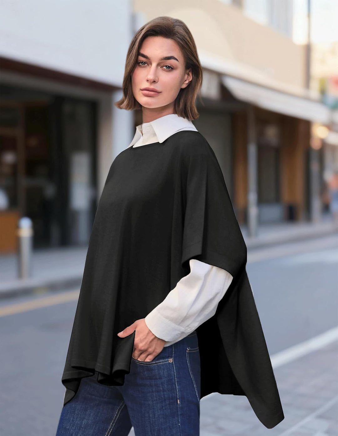 PULI Damen Pullover Poncho Elegant Viskose Strick Locker sitzend Poncho Schal Einheitsgrösse Schwarz
