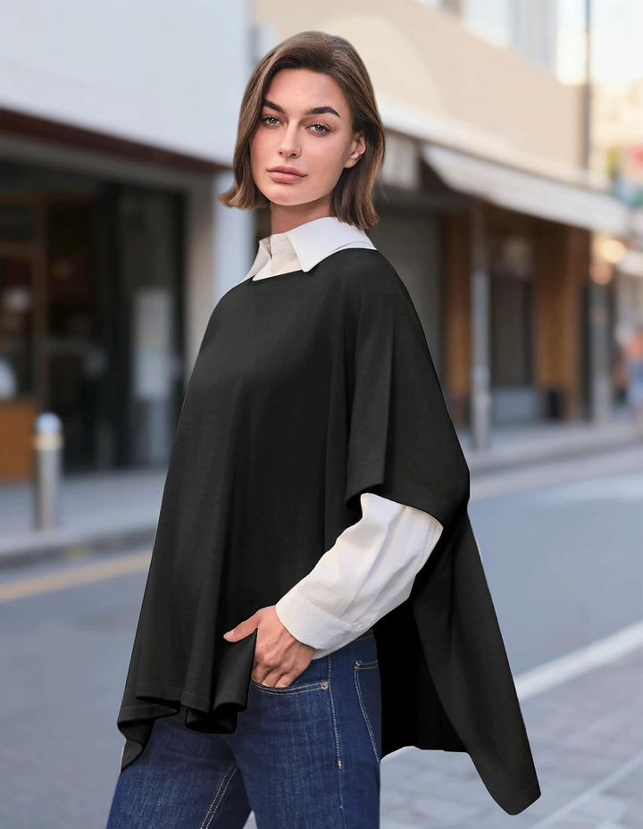 PULI Damen Pullover Poncho Elegant Viskose Strick Locker sitzend Poncho Schal Einheitsgrösse Schwarz
