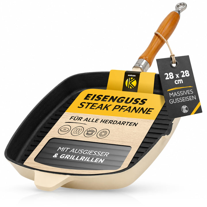 KRÜGER Gusseisen-Grillpfanne mit Holzgriff - 28 x 28 cm - emailliert - hohe Hitzebeständigkeit und l