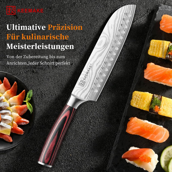KEEMAKE Küchenmesser Santoku Messer, 18cm Messer Küche Kochmesser aus Edelstahl mit Klingenschutz, S