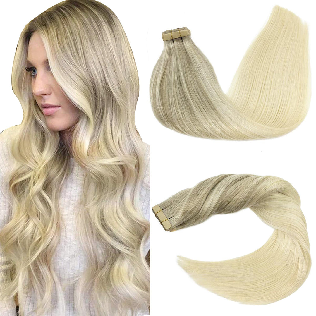 GOO GOO Tape in Extensions Echthaar, Aschblond bis Goldblond und Platinblond 30cm 20pcs 40g, Haarver