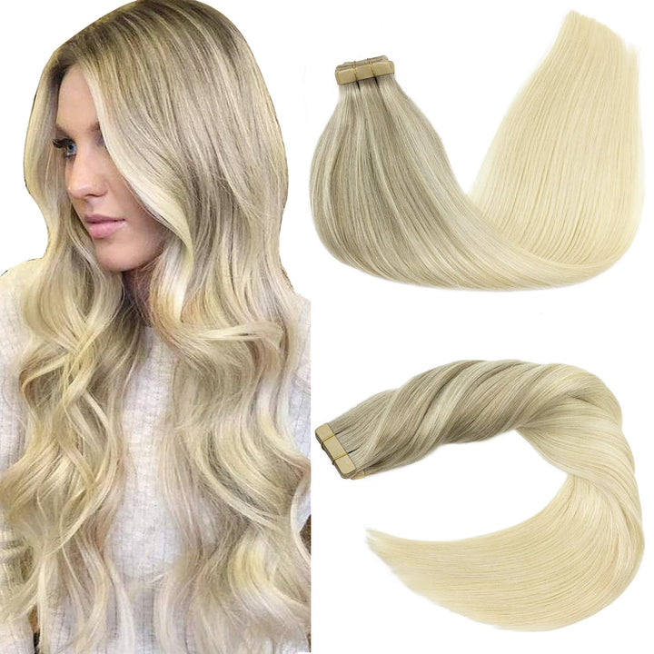 GOO GOO Tape in Extensions Echthaar, Aschblond bis Goldblond und Platinblond 30cm 20pcs 40g, Haarver