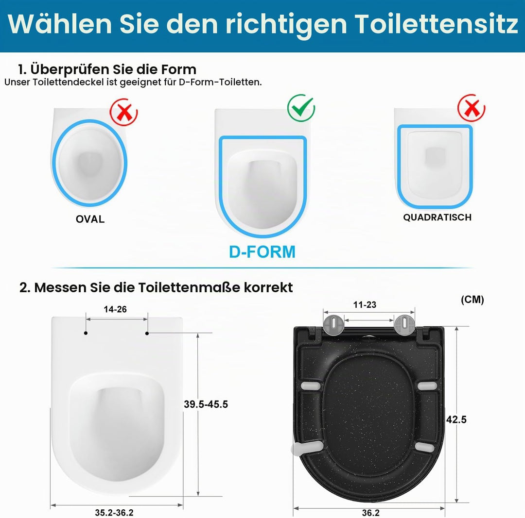 Toilettendeckel mit Absenkautomatik, WC Sitz D Form aus Duroplast, Schwarz Marmor Klodeckel mit Quic