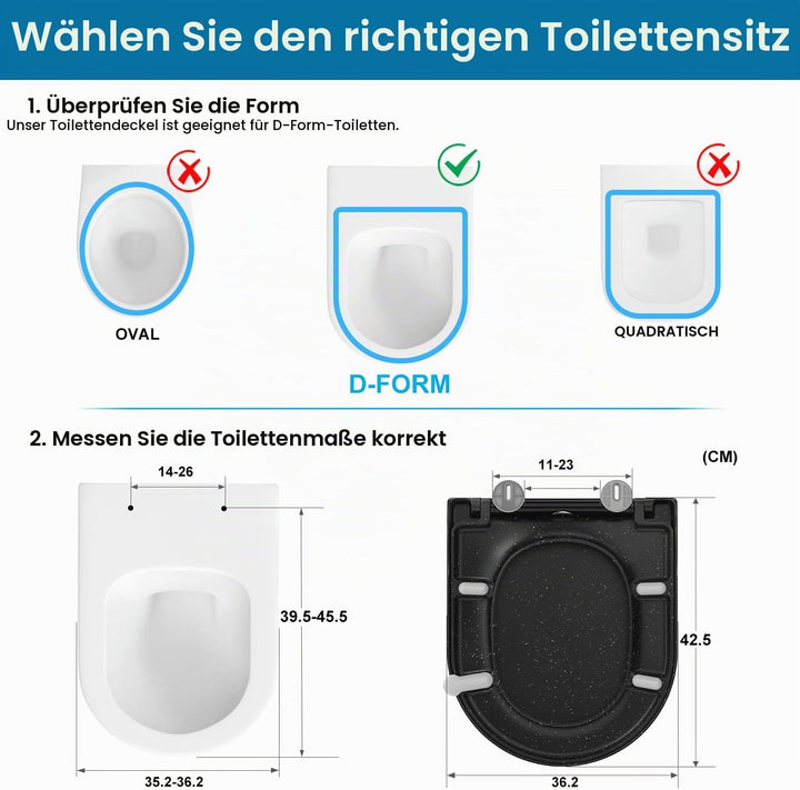 Toilettendeckel mit Absenkautomatik, WC Sitz D Form aus Duroplast, Schwarz Marmor Klodeckel mit Quic