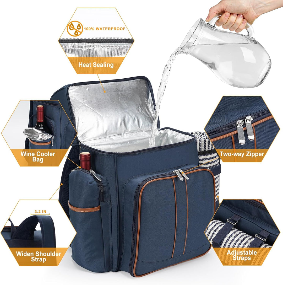 Picknick-Rucksack für 4 Personen, Picknickkorb-Set, auslaufsichere Picknicktasche, Strandkühlrucksac