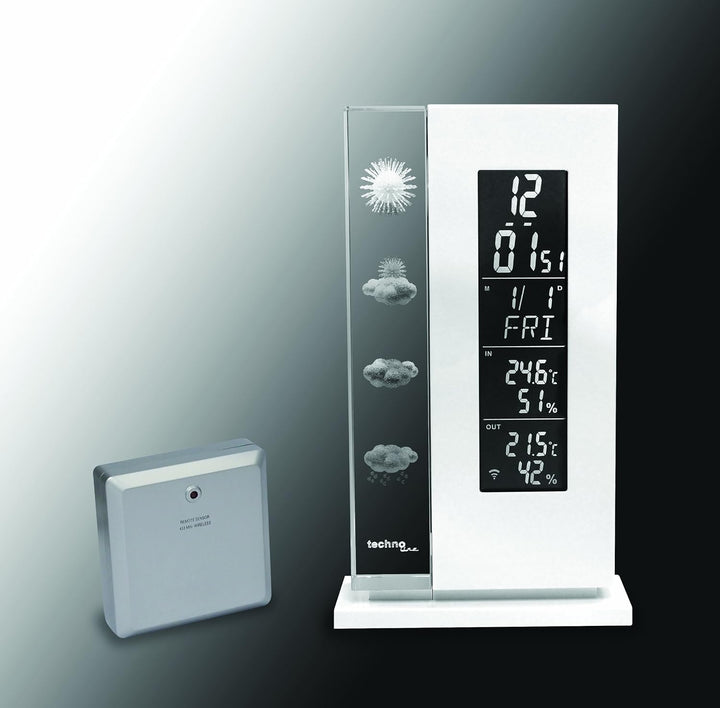 Wetterstation WS 6600 mit Vorhersage von Wettersituation durch in Glas gelaserte 3D-Wettersymbole