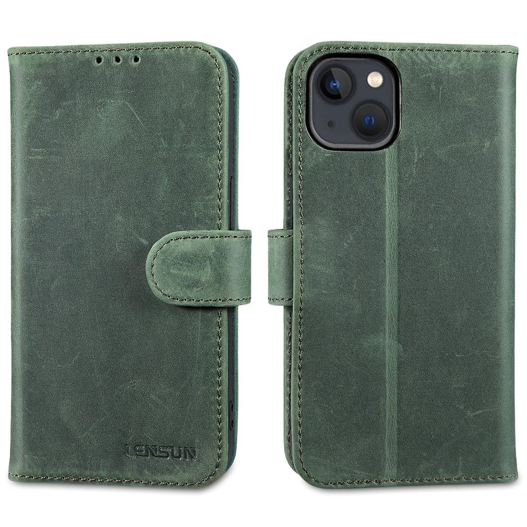 LENSUN Lederhülle für iPhone 13, Echtleder Handyhülle [Wallet Fach][RFID Schutz][Echtes Leder] Hülle